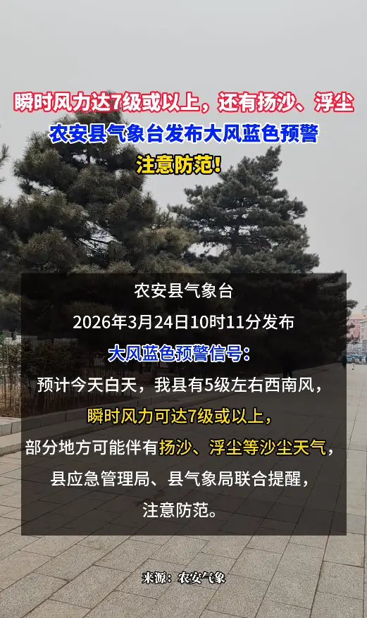 瞬时风力达7级或以上，还有扬沙、浮尘！农安县气象台发布大风蓝色预警