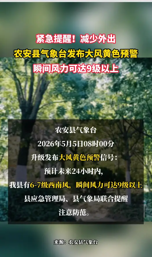 瞬间风力可达9级以上！农安县气象台发布大风黄色预警