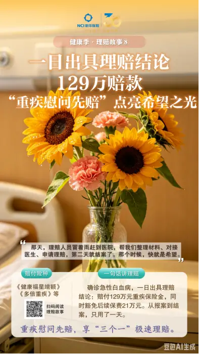 健康季理赔故事丨一日出具理赔结论、129万赔款——“重疾慰问先赔”点亮希望之光