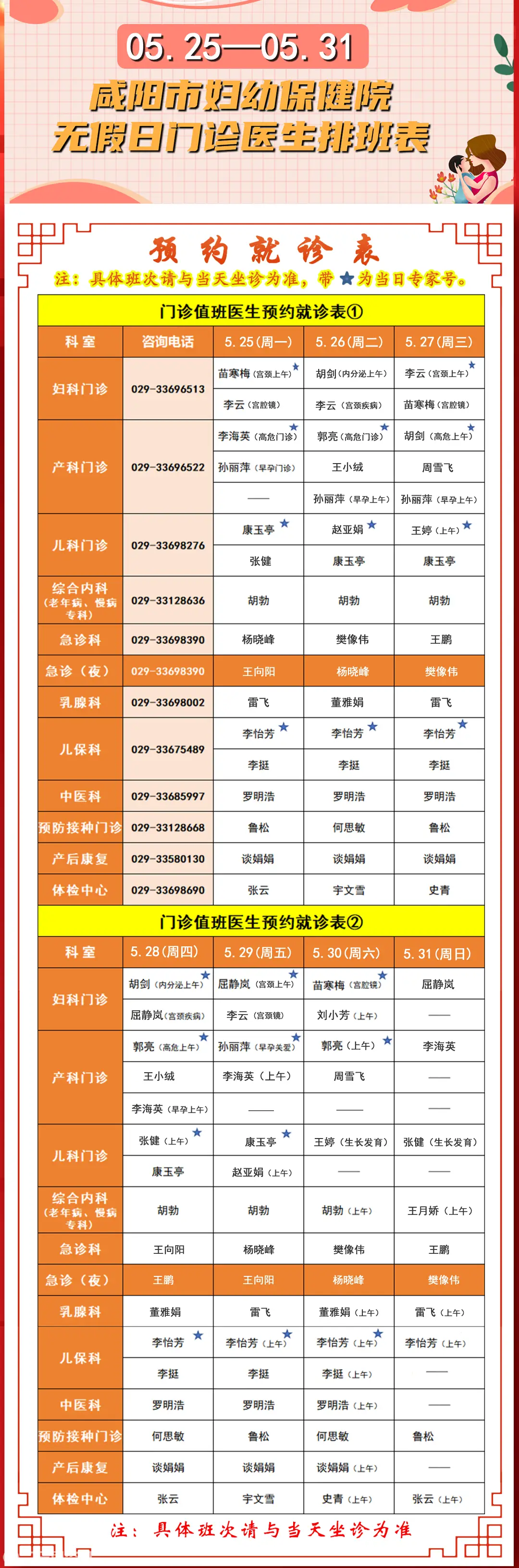 咸阳市妇幼保健院无假日门诊医生排班表（5月25日-5月31日）