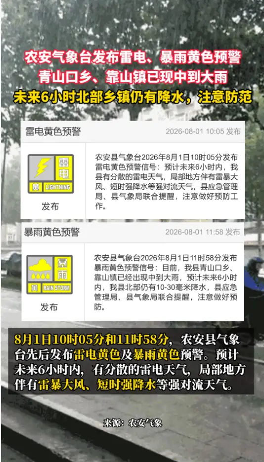 农安气象台发布雷电、暴雨黄色预警，注意防范