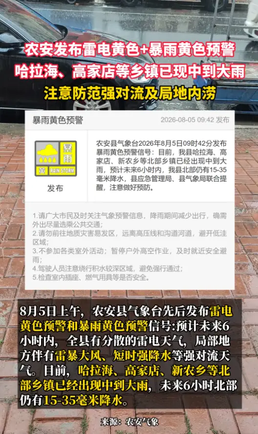 农安发布雷电黄色+暴雨黄色预警,哈拉海、高家店等乡镇已现中到大雨，注意防范