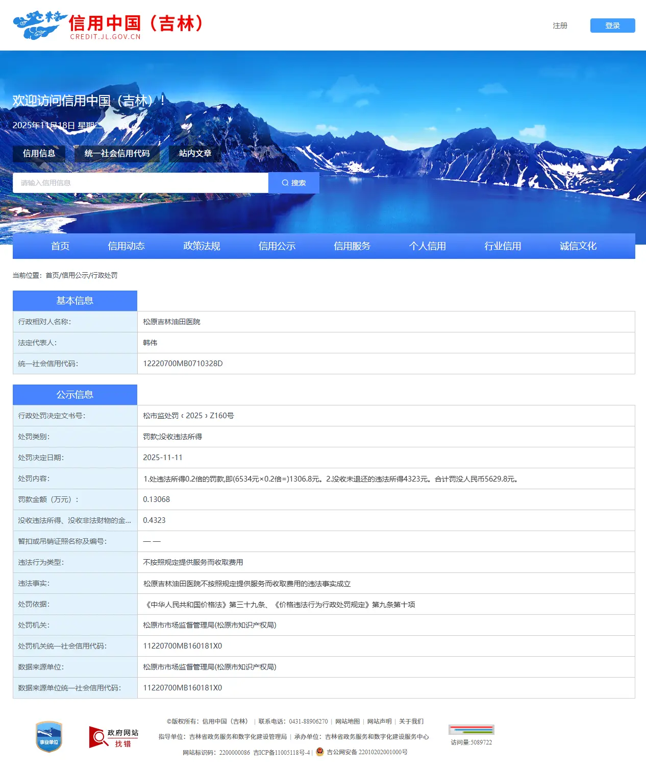 松原吉林油田医院 因不按照规定提供服务而收取费用 被罚没人民币5629.8元