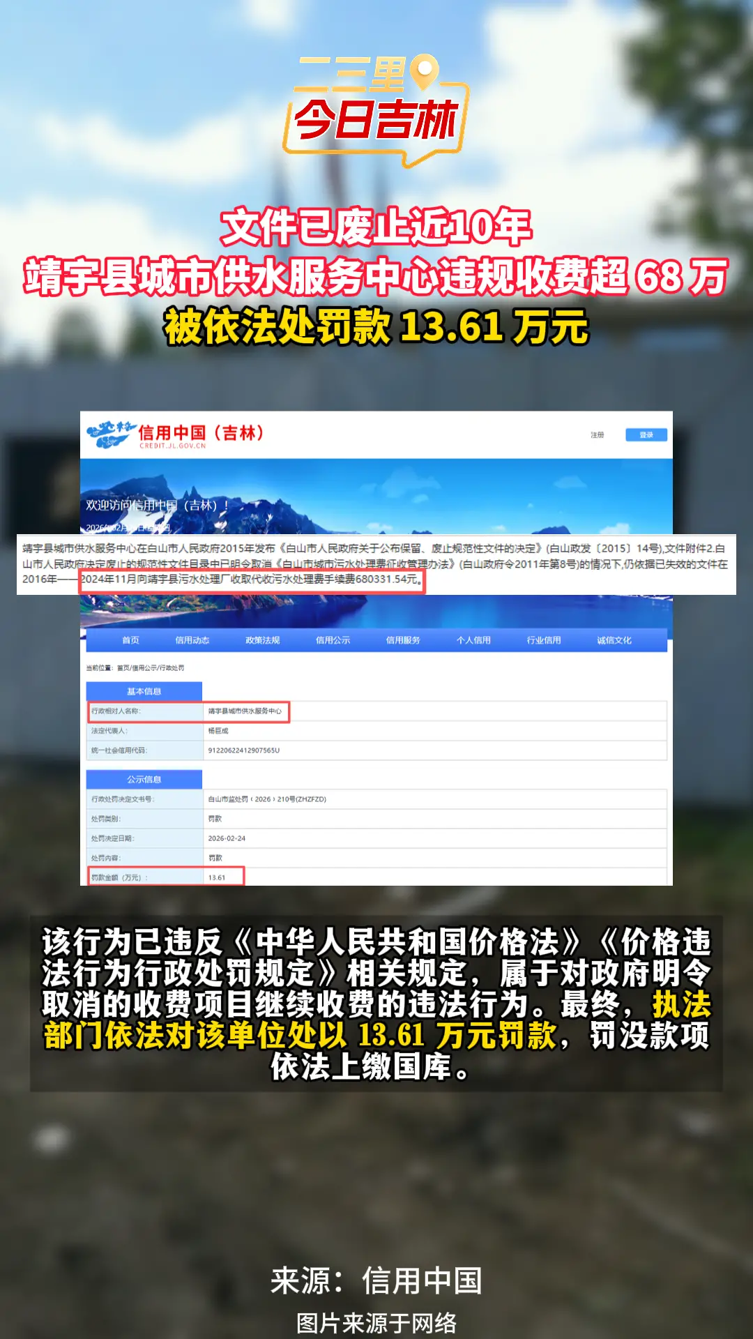 文件已废止近10年 靖宇县城市供水服务中心违规收费超 68 万 被依法处罚款 13.61 万元