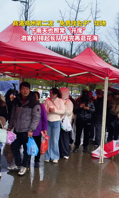 商州区第二波“免费咥包子”活动现场，下雨也照常开席，游客排长队，咥完再赏花