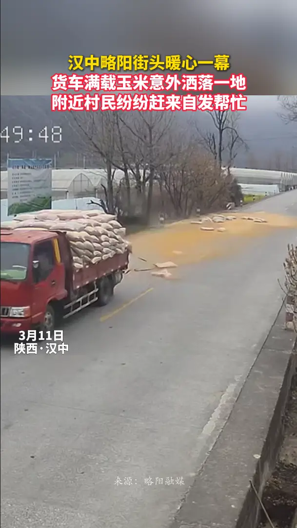 货车满载玉米意外洒落一地，附近村民纷纷赶来自发帮忙