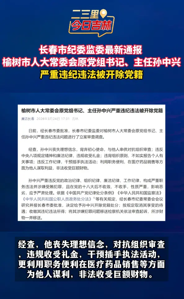 榆树市人大常委会原党组书记、主任孙中兴被开除党籍！