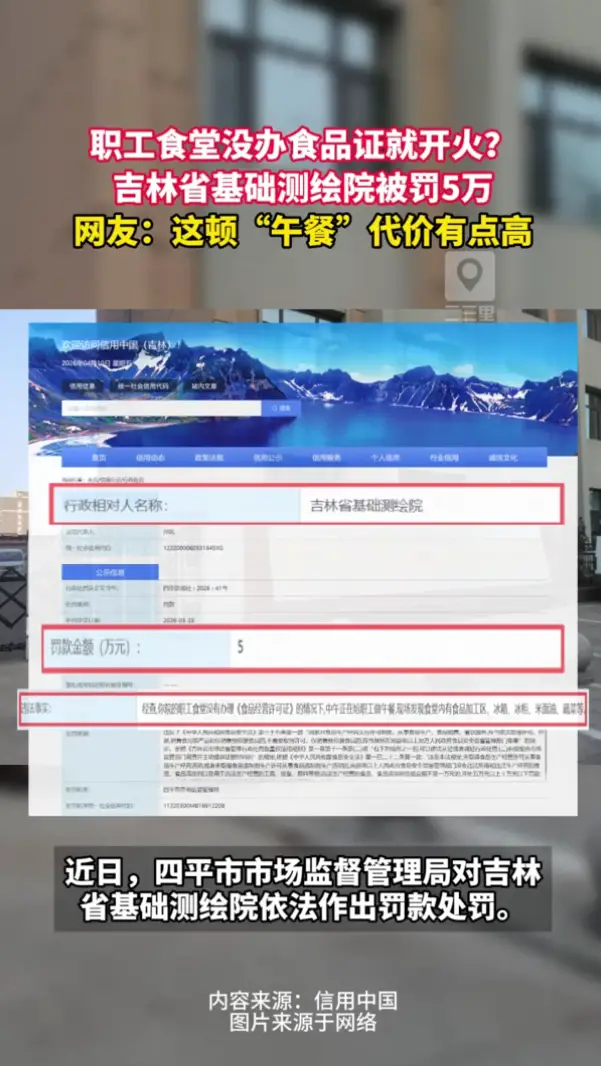 没办食品证就开火？吉林省基础测绘院被市监局罚款5万元！