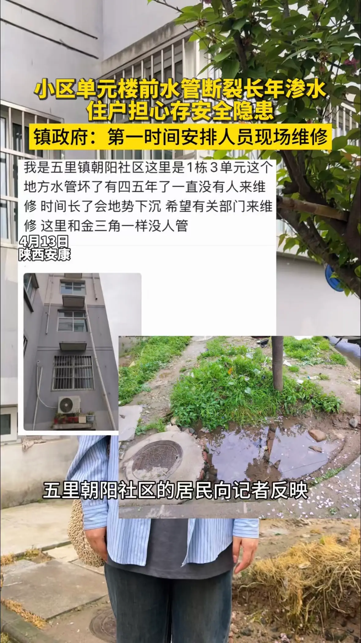 小区单元楼前水管断裂长年渗水，住户担心存安全隐患，镇政府：第一时间安排人员现场维修