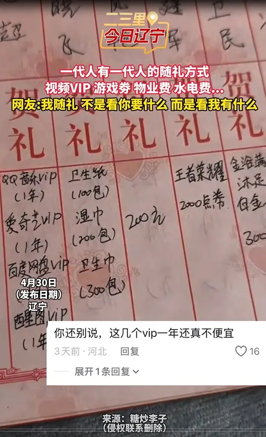 一代人有一代人的随礼方式 视频VIP 游戏劵 物业费 水电费... 网友:我随礼 不是看你要什么 而是看我有什么