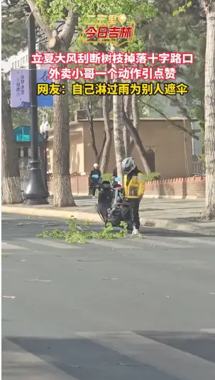 立夏起大风树枝被刮落挡路，外卖小哥特意停车清障。