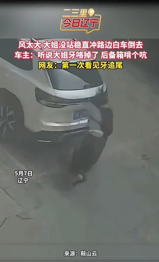 风太大 大姐没站稳直冲路边白车倒去 车主：听说大姐牙咯掉了 后备箱啃个吭 网友：第一次看见牙追尾
