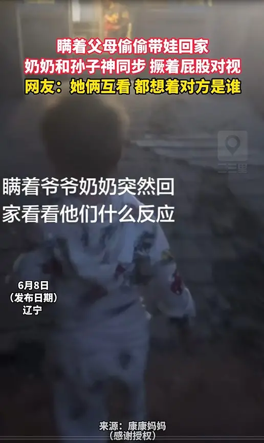 瞒着父母偷偷带娃回家 奶奶和孙子神同步 撅着屁股对视 网友：她俩互看 都想着对方是谁