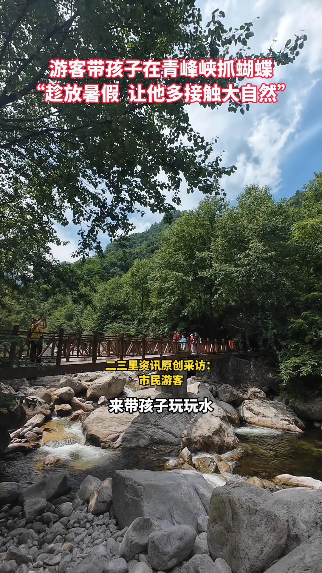 游客带孩子在青峰峡抓蝴蝶 趁放暑假 让他多接触大自然