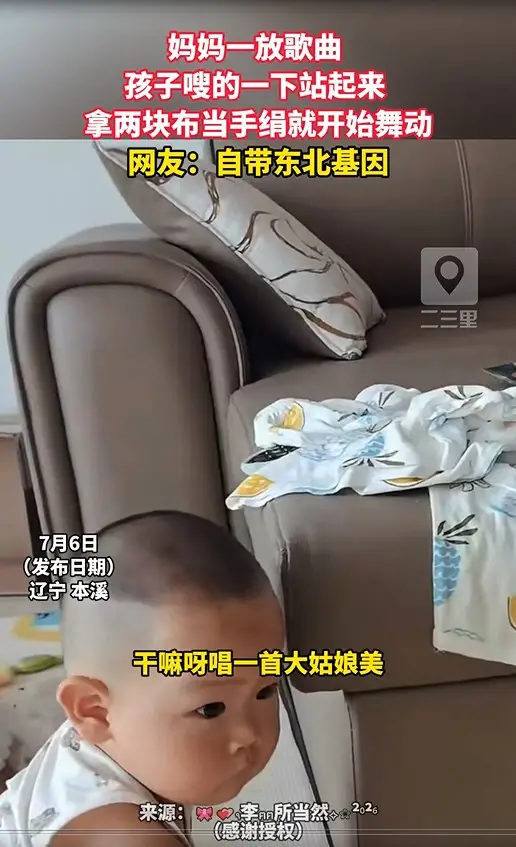 妈妈一放歌曲  孩子嗖的一下站起来  拿两块布当手绢就开始舞动 网友：自带东北基因