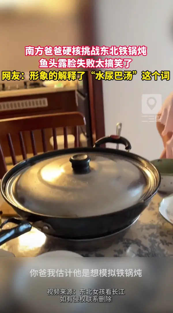 南方老爸挑战东北铁锅炖，鱼头露脸翻车笑不活了