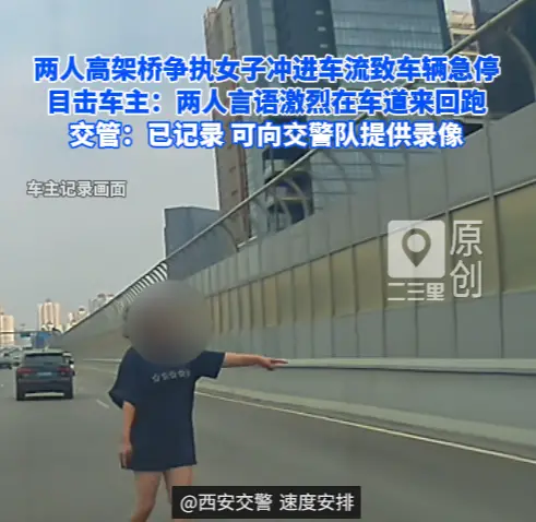 两人高架桥起争执，女子冲进车流逼停车辆！目击者：二人在车道来回跑动