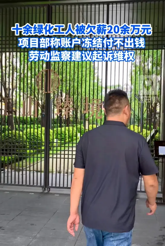 十余绿化工人被欠薪20余万元，项目部称账户冻结付不出钱，劳动监察建议起诉维权