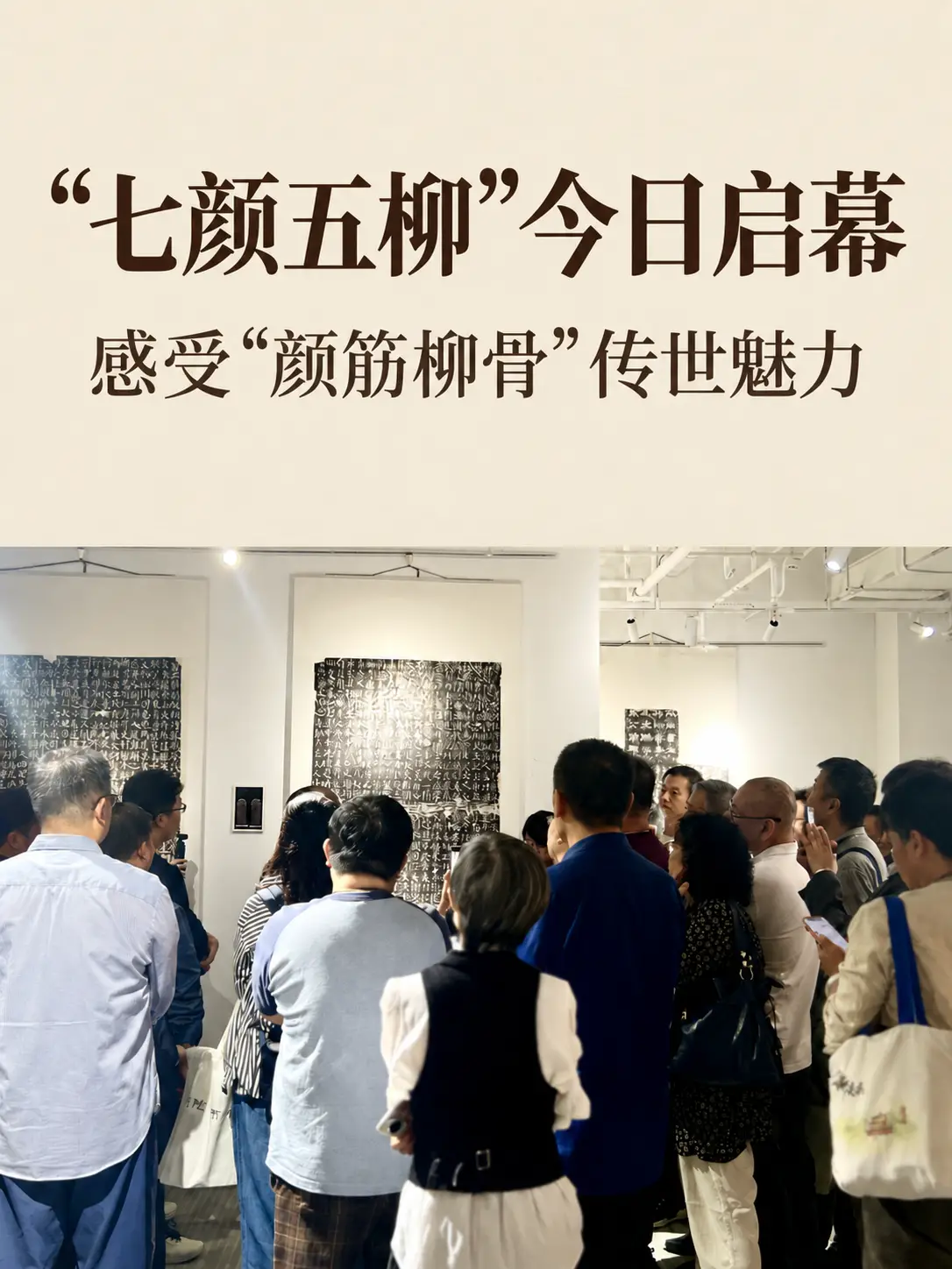 「七颜五柳」开展首日，展厅宾客纷至，驻足碑拓前细细观赏、交流探讨