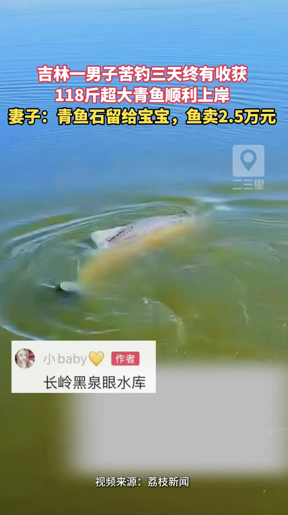 吉林松原一男子在长岭水库苦钓三天，成功钓上来一条118斤的巨型大青鱼。
