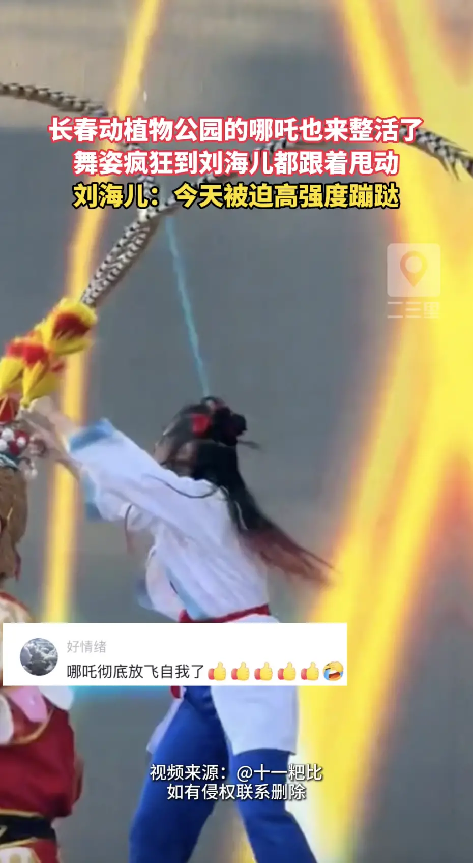 长春动植物公园哪吒来整活啦！舞姿太投入，刘海全程跟着甩