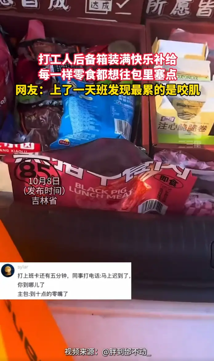 后备箱装满零食补给，打工人的快乐全靠它们撑着。