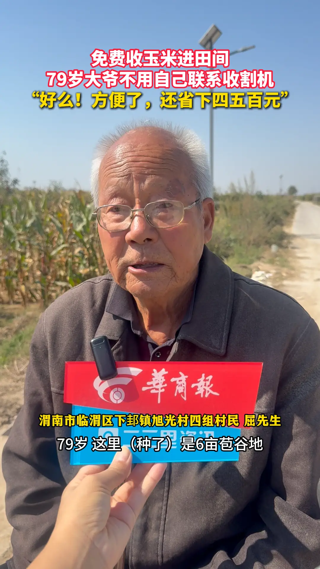 免费收玉米进田间 79岁大爷不用自己联系收割机 “好么！方便了，还省下四五百元”