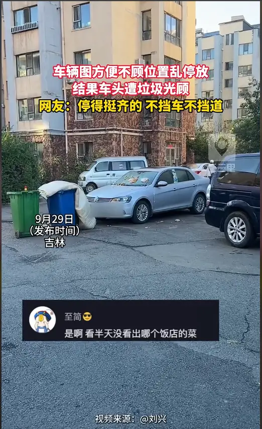 车辆紧贴垃圾桶停放，车头被堆满垃圾