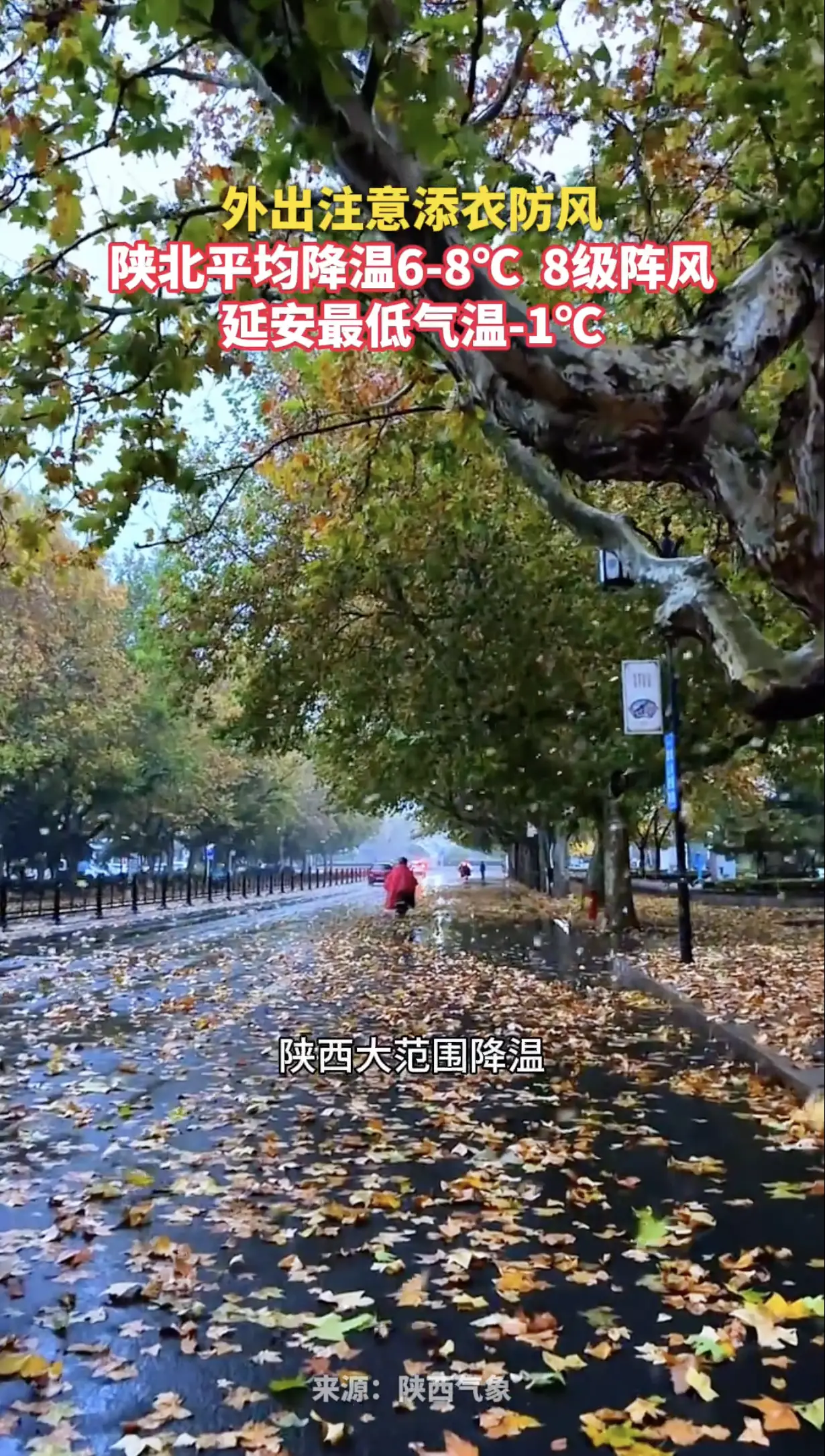 外出注意添衣防风，陕北平均降温6-8℃，8级阵风，延安最低气温-1℃